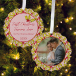 First Christmas Married Pink Red Fun Couples Photo<br><div class="desc">Commemorate your first Christmas as a married couple with this beautiful photo ornament with a classic hand drawn holly and berries pattern on a retro pink background featuring a photo on one side and your text on the back.</div>
