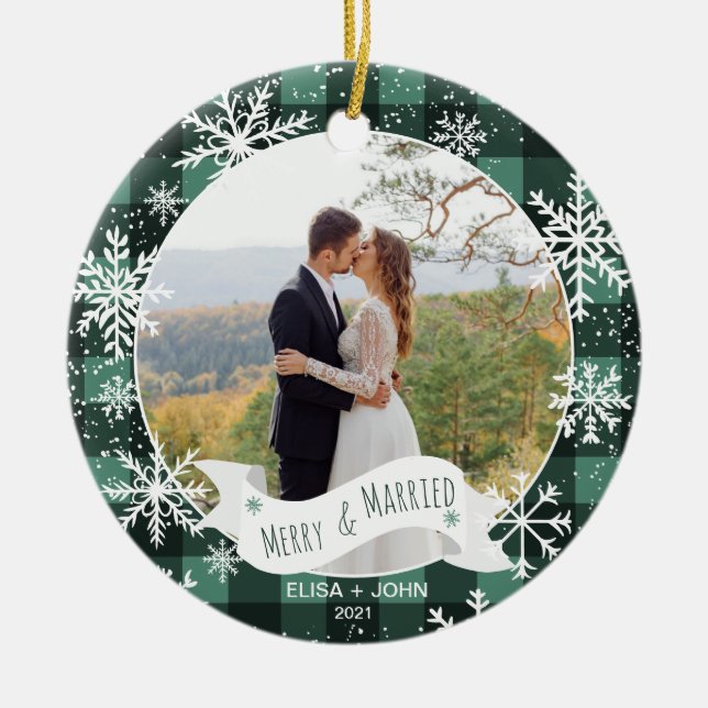 First Christmas married plaid 2 photos snowflakes Ceramic Tree Decoration (Front)