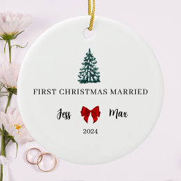 First Christmas Married Red Bow Coquette Keepsake Ceramic Tree Decoration