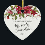 First Christmas Married Red Poinsettia Watercolor Ceramic Tree Decoration<br><div class="desc">Elegant Christmas holiday  floral poinsettia ornament for first married Mr. and Mrs Name. Red,  white and green colours. Personalise them by adding your name.  Makes a perfect keepsake gift for your spouse (husband or wife). Heart Shape.</div>