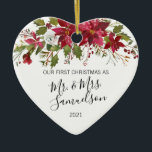 First Christmas Married Red Poinsettia Watercolor Ceramic Tree Decoration<br><div class="desc">Elegant Christmas holiday  floral poinsettia ornament for first married Mr. and Mrs Name. Red,  white and green colours. Personalise them by adding your name.  Makes a perfect keepsake gift for your spouse (husband or wife). Heart Shape.</div>