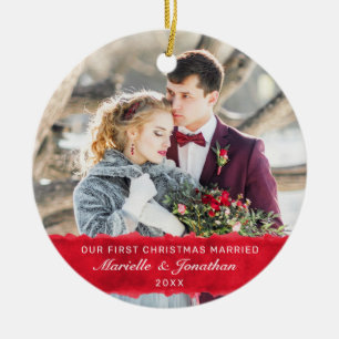First Christmas Married Red Stripe Custom Photo  Ceramic Tree Decoration