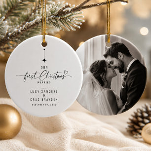 First Christmas Married Romantic Wedding Photo Ceramic Tree Decoration