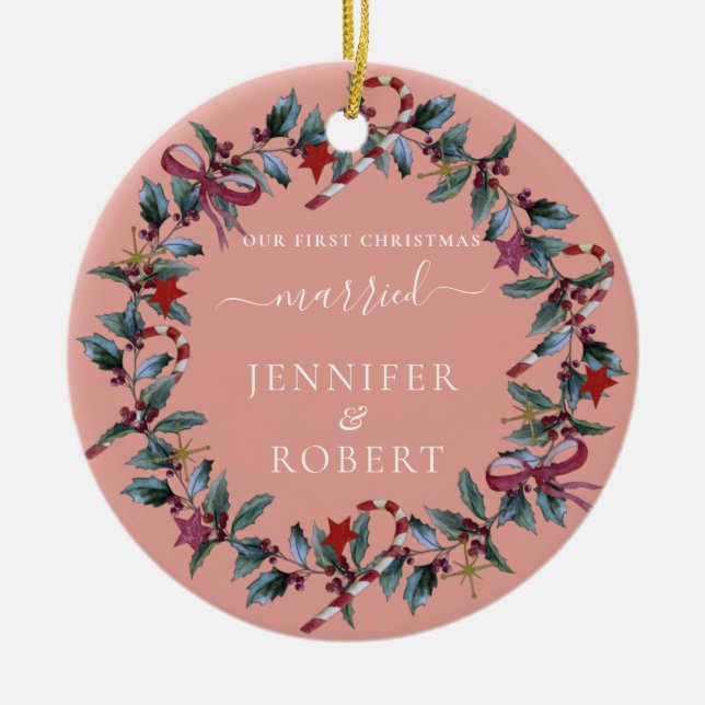 First Christmas Married Rose Wreath Ceramic Tree Decoration (Front)