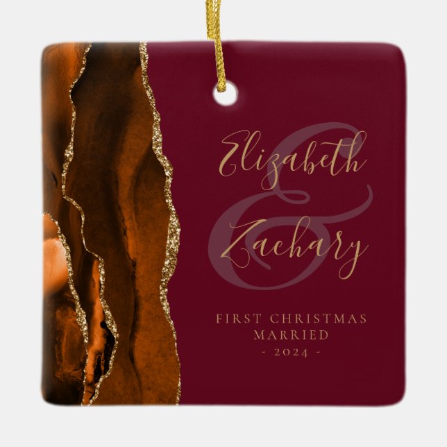 First Christmas Married Rust Agate Burgundy Gold Ceramic Ornament (Front)