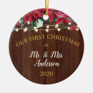 First Christmas Married Rustic Poinsettia Lights Ceramic Tree Decoration