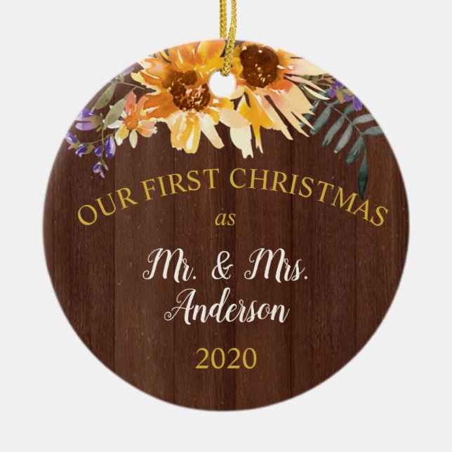 First Christmas Married Rustic Sunflower on Wood Ceramic Tree Decoration (Front)