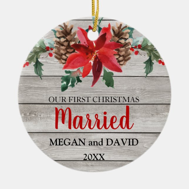 First Christmas married rustic winter flowers Ceramic Tree Decoration (Front)