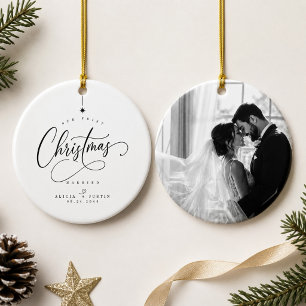 First Christmas Married Script Newlywed Photo  Ceramic Tree Decoration