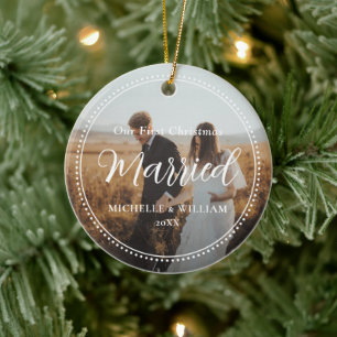 First Christmas Married Script Overlay Photo Ceramic Tree Decoration