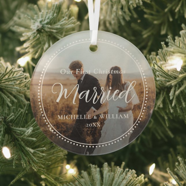 First Christmas Married Script Overlay Photo Glass Tree Decoration (Insitu)
