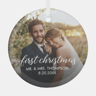 First Christmas MARRIED script wedding Photo  Glass Tree Decoration