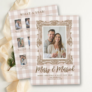 First Christmas Married Sketch Neutral Tan Gingham Holiday Card