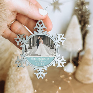First Christmas Married Snowflake Photo Blue Snowflake Pewter Christmas Ornament