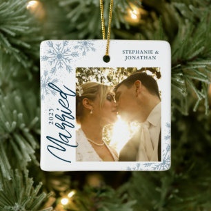 First Christmas Married Snowflakes Photo Ceramic Ornament