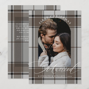 First Christmas Married Tan Brown Plaid Arch Photo Holiday Card