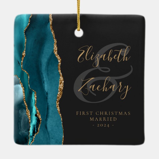 First Christmas Married Teal Agate Gold Script Ceramic Ornament (Back)