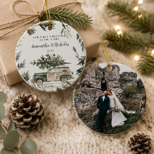 First Christmas Married Watercolor Photo Ceramic Tree Decoration