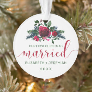 First Christmas Married Watercolor Rose Photo Ornament