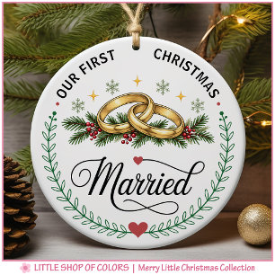 First Christmas Married Wedding Rings Photo Ceramic Tree Decoration