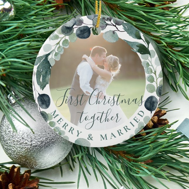 First Christmas merry and married couple photo  Ceramic Tree Decoration (Creator Uploaded)