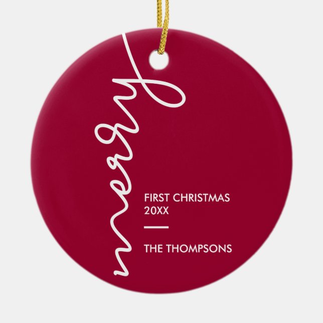 First Christmas, Merry Modern Script | photo Ceramic Tree Decoration (Front)