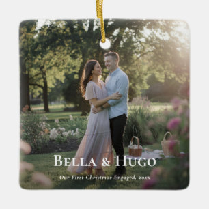 First Christmas Minimalist Engaged Couple Photo Ceramic Ornament