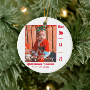  First Christmas Modern Baby Birth Stats Photo  Ceramic Tree Decoration