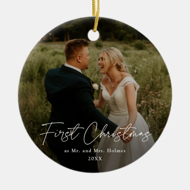 First Christmas Modern Handwritten Wedding Photo  Ceramic Tree Decoration (Front)