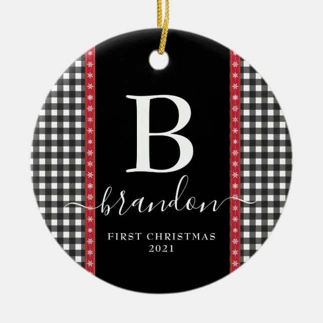 First Christmas Monogram Baby Name Buffalo Plaid   Ceramic Tree Decoration (Front)