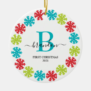 First Christmas Monogram Baby Name Xmas Wreath  Ceramic Tree Decoration