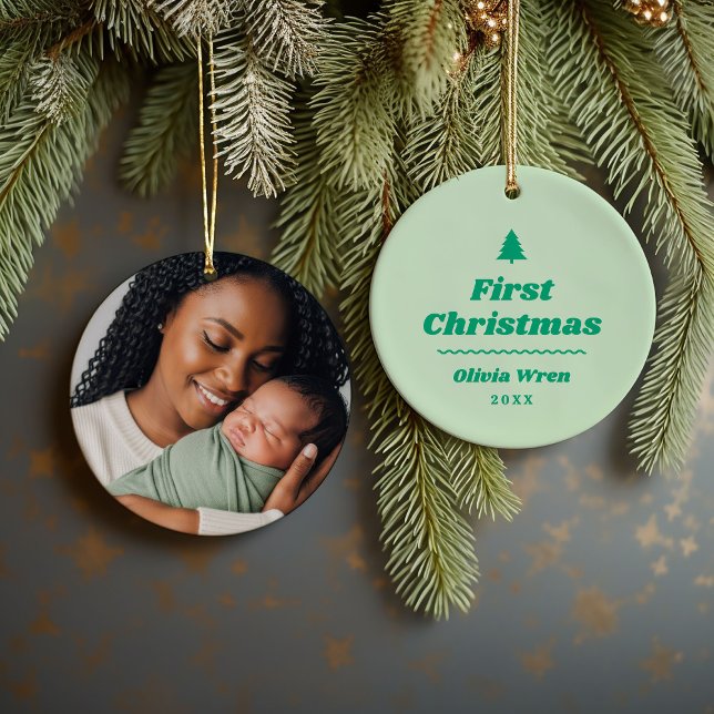 First Christmas Monogram Photo Holiday Ornament (Creator Uploaded)
