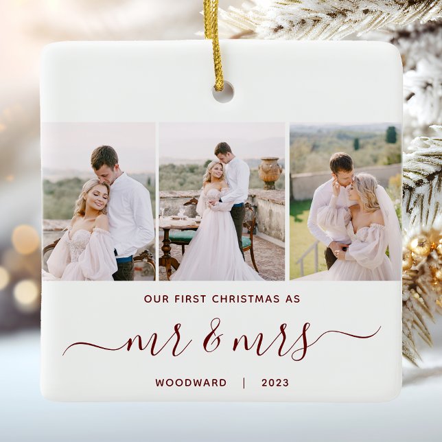 First Christmas Mr and Mrs 3 Photo Red Script Ceramic Ornament (Creator Uploaded)