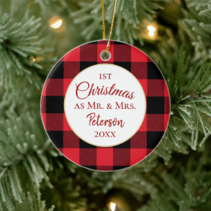 First Christmas Mr and Mrs Buffalo Plaid Ceramic Tree Decoration