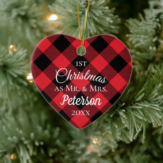 First Christmas Mr and Mrs Buffalo Plaid Heart Ceramic Tree Decoration (Tree)