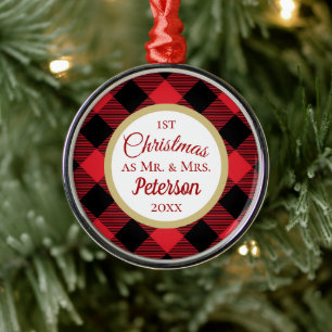 First Christmas Mr and Mrs Buffalo Plaid Metal Tree Decoration