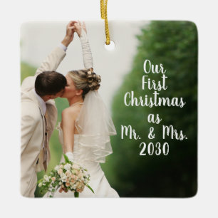 First Christmas Mr and Mrs Custom Wedding Photo Ceramic Ornament