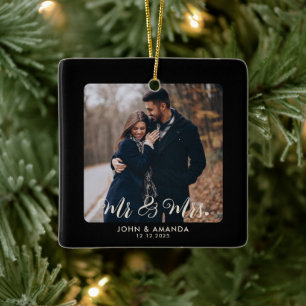 First Christmas Mr and Mrs Engaged Couple Photo Ceramic Ornament