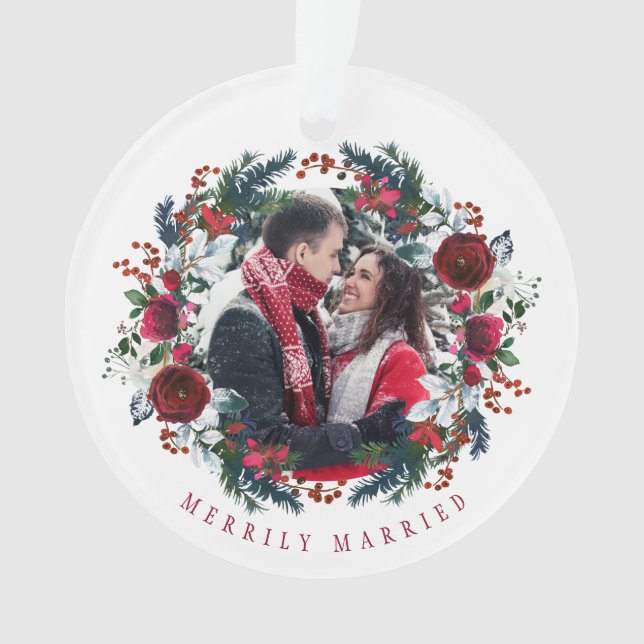 First Christmas Mr and Mrs floral elegant photo Ornament (Front)