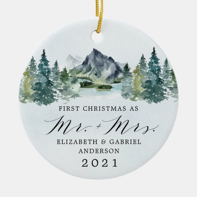 First Christmas Mr and Mrs Mountains Trees Wedding Ceramic Tree Decoration (Front)