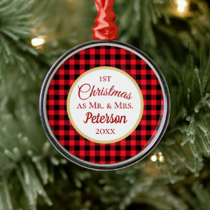 First Christmas Mr and Mrs Red Buffalo Plaid Metal Tree Decoration