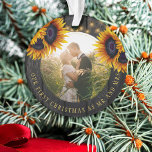 First Christmas Mr and Mrs sunflower rustic photo<br><div class="desc">Rustic country newlyweds wedding round photo First Christmas as Mr. and Mrs. personalised tree ornament with yellow gold sunflower bouquets over a dark brown barn wood with strings of twinkle lights. Easy to customise with your names, text and photo! It can be a pretty keepsake gift for a new couple....</div>
