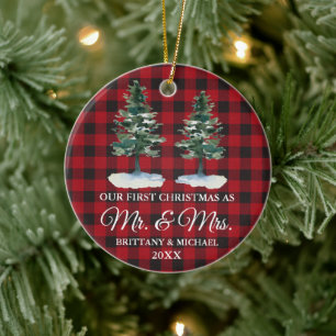 First Christmas Mr. and Mrs. Two Pines Red Plaid Ceramic Tree Decoration
