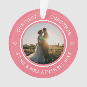 First Christmas Mr & Mrs 2 Photo Modern Pink Ornament