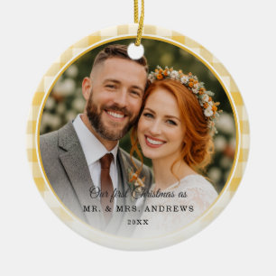 First Christmas-Mr. & Mrs. 2 Photo Yellow Gingham Ceramic Tree Decoration