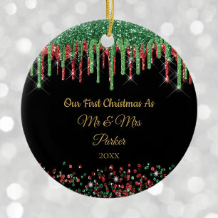 First Christmas Mr & Mrs Black Glam glitter drip Ceramic Tree Decoration