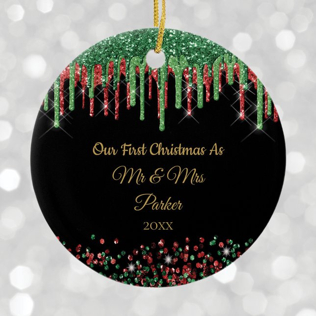 First Christmas Mr & Mrs Black Glam glitter drip  Ceramic Tree Decoration (Creator Uploaded)