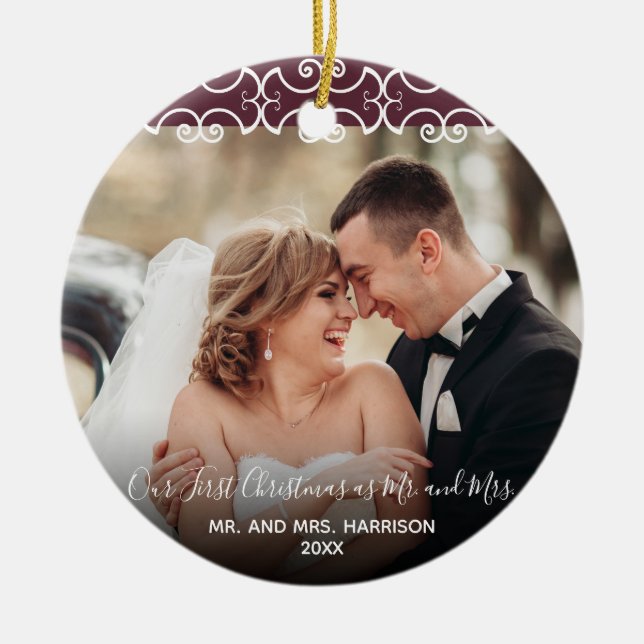 First Christmas Mr. & Mrs. Burgundy 2 Photo Ceramic Tree Decoration (Front)
