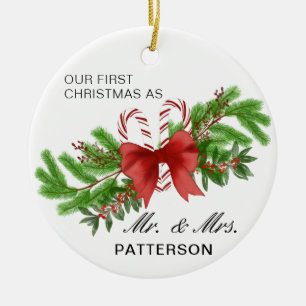 First Christmas Mr & Mrs Candy Cane Floral Photo Ceramic Tree Decoration
