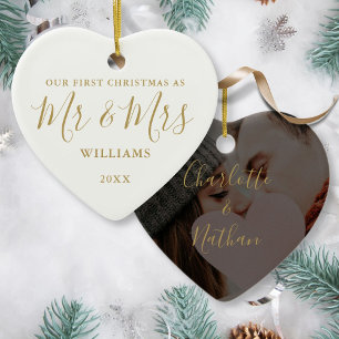 First Christmas Mr Mrs Gold Signature Script Photo Ceramic Tree Decoration